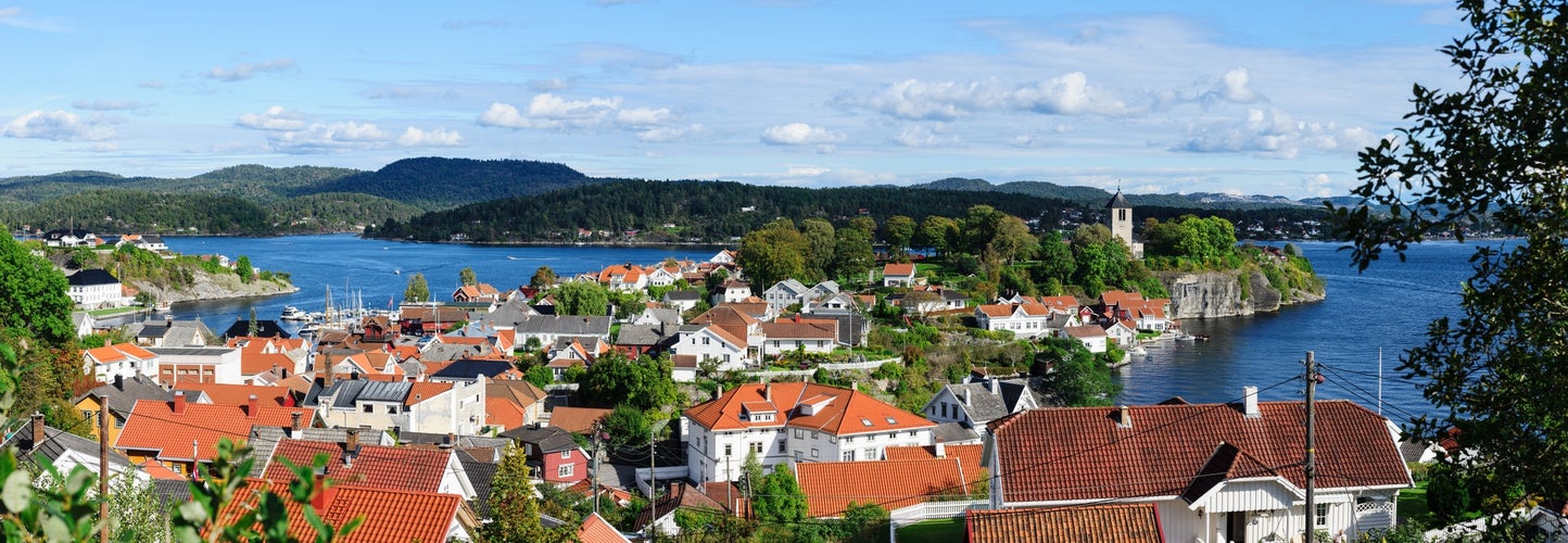 photo of view of Panorama view of old town and local sea port for travel in Brevik village, Porsgrunn, Norway.