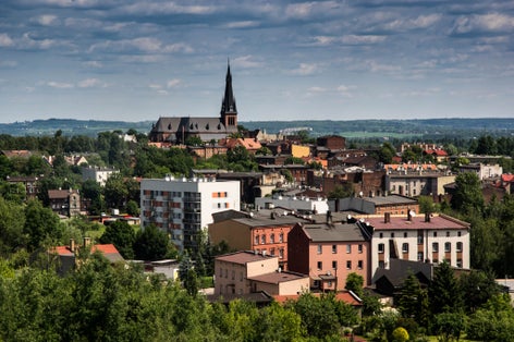 Photo of aerial view of church ST Maria Magdalena and the city of Chorzow, Poland.