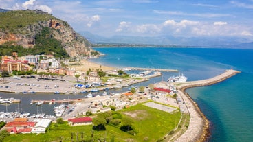 Photo of aerial view of beautiful coastal landscape with old town of Gaeta, Italy.