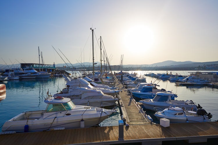 Photo of boats in Caleta del Fuste Puerto Castillo at Canary Islands of Spain.