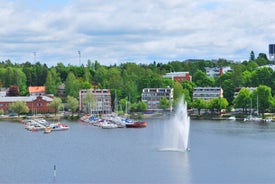 Photo of aerial view of beautiful landscape of lakes and forest in Imatra, Finland.