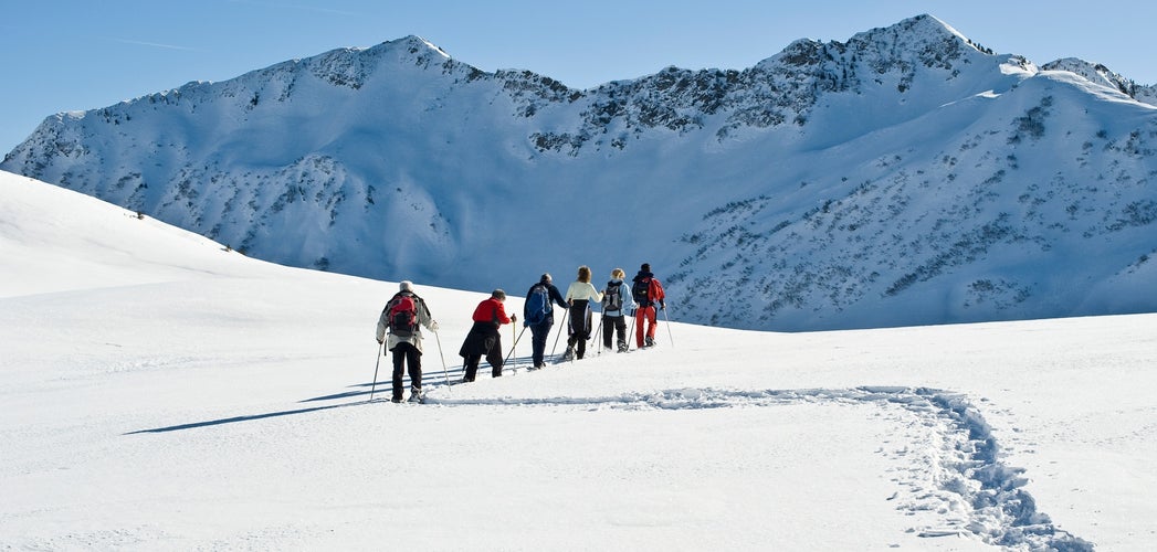 snowshoe hiking at Au in the Bregenz forest in Austria