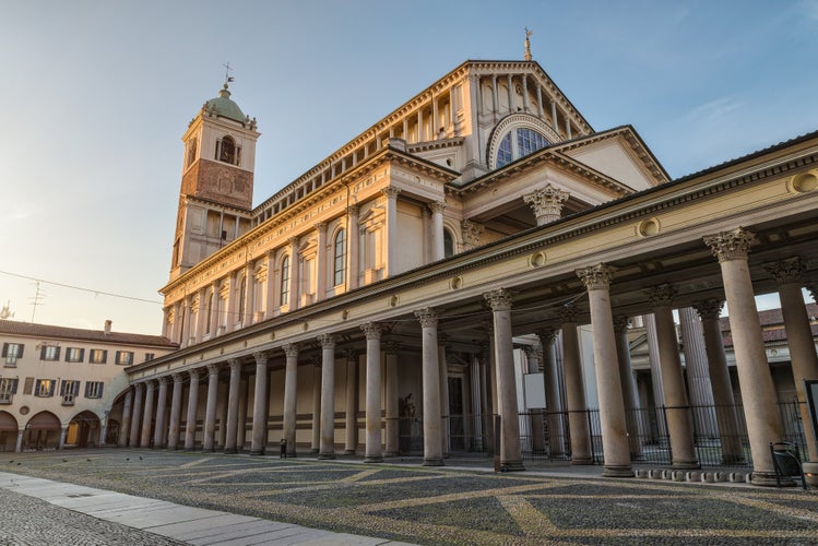 Italian city at sunrise. Historic center of Novara, piazza della Repubblica (square della Repubblica) with Novara cathedral (Duomo di Novara or Cattedrale di Santa Maria Assunta), north Italy