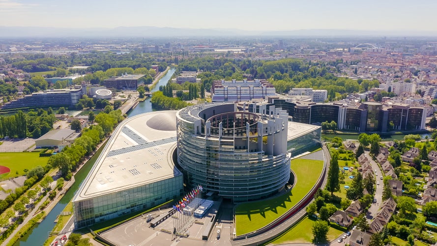 Photo of Strasbourg, France. The complex of buildings is the European Parliament, the European Court of Human Rights.