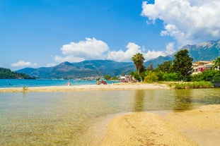 Photo of aerial view of the beautiful beach of Agios Nikitas in Lefkada island, Greece.