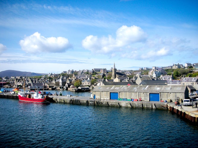 photo of arriving by ship to coastal port town of Kirkwall on Orkney Islands, Scotland.