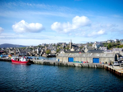 photo of arriving by ship to coastal port town of Kirkwall on Orkney Islands, Scotland.