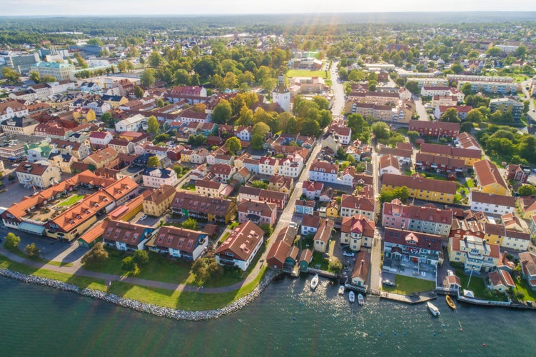 Aerial view of the old city of Vastervik in summer, Vastervik, Kalmar County, Sweden, Scandinavia, Europe