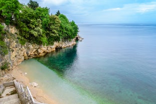 Photo of aerial view of Historic Adriatic town of Krk aerial view, Island of Krk, Kvarner bay of Croatia.