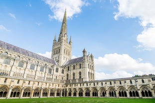 Photo of aerial view of Salisbury cathedral in the spring morning, England.