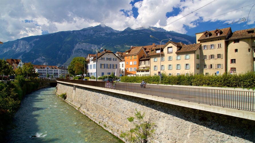 Chur, Switzerland,  Waterfront at the Plessur river in the historic old town on a sunny day