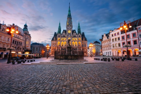Photo of Liberec Town Hall and Fountain of Neptun at summer sunset, Czech Republic.
