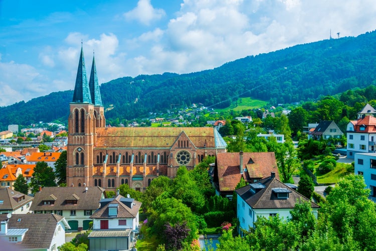 Aerial view of Bregenz dominated by the church of the sacred heart