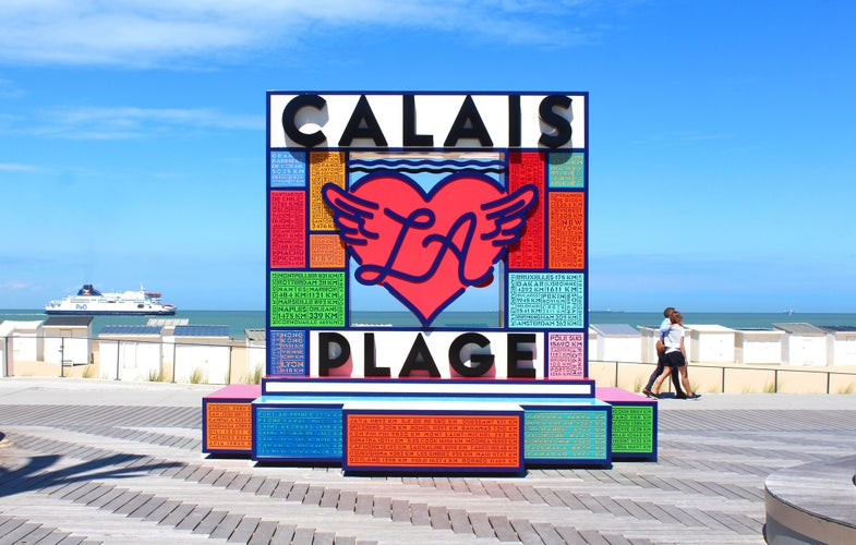 "Calais La Plage" totem located on the embankment of the beach of Calais, in the north of France.