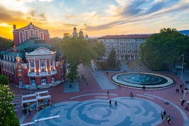 Photo of aerial view of The Cathedral of the Assumption and Varna city at amazing sunset, Bulgaria.