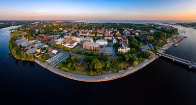 Scenic summer view of the Old Town and sea port harbor in Tallinn, Estonia.