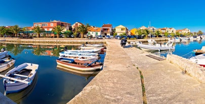 Photo of adriatic village of Bibinje harbor and waterfront panoramic view, Croatia.