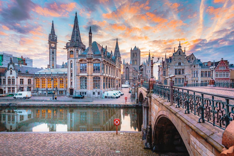 Photo of Ghent old town cityscape from the Graslei are at dawn, Belgium.