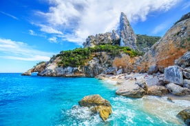 Photo of aerial view of Budoni beach on Sardinia island, Sardinia, Italy.