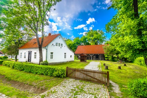 Colorful scenery in Kumrovec old town, famous tourist resort in Croatia, Europe. / Selective focus.