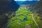 Photo of aerial view of Stryn, the beautifully meandering Stryneelva River in the Stryn Valley, Norway.