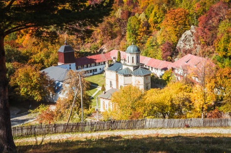Photo of aerial view of Cozia Monastery in Romania.