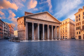 Aerial panoramic cityscape of Rome, Italy, Europe. Roma is the capital of Italy. Cityscape of Rome in summer. Rome roofs view with ancient architecture in Italy. 