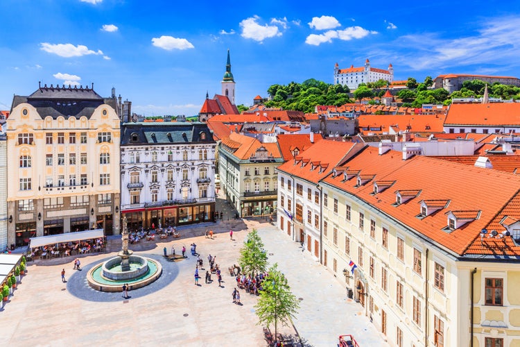 View of the Bratislava castle, main square and the St. Martin's Cathedral, Bratislava, Slovakia. 