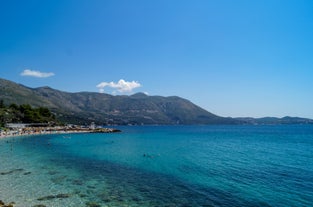 Photo of panoramic aerial view of the old town of Dubrovnik, Croatia seen from Bosanka viewpoint on the shores of the Adriatic Sea in the Mediterranean Sea.