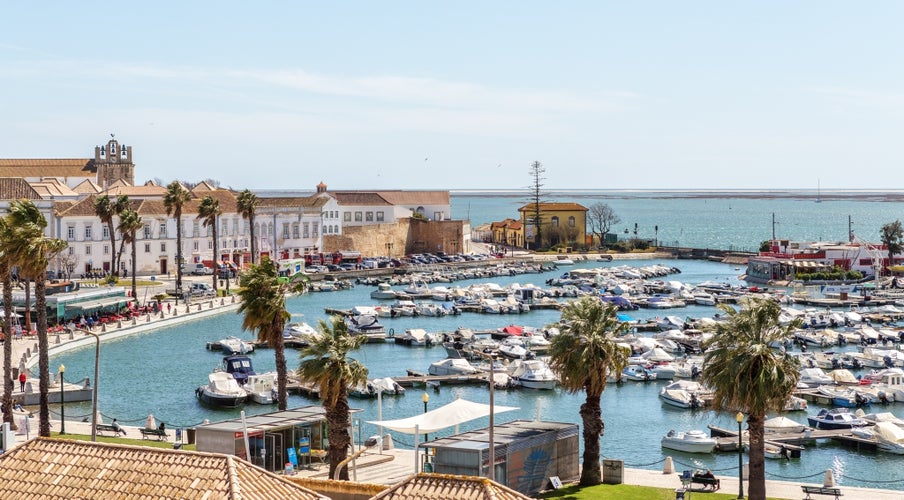 Photo of aerial view of the marina of the old city of Faro ,Portugal.