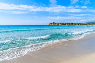 Photo of amazing landscape with wooden pier on Santa Giulia beach, Porto-Vecchio ,France.