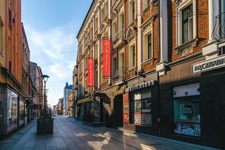 Pedastrian zone in Modrzejowska Street in Sosnowiec; Hotel Cemtrum in the foreground