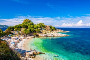 Photo of aerial view of Palaiokastritsa beach on Corfu islands, Greece.