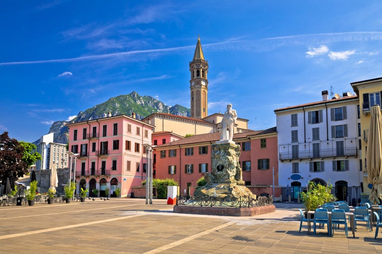 Town of Lecco colorful square view, Como Lake, Lombardy region of Italy