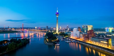 Photo of beautiful aerial view of Frankfurt at sunset Germany financial district skyline.