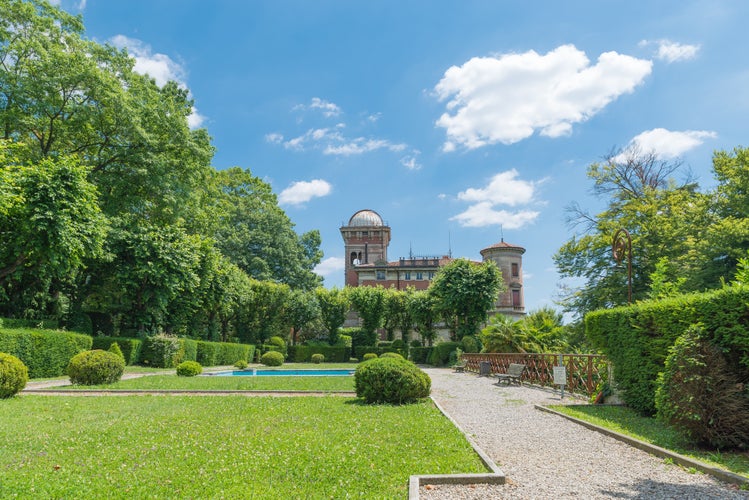 Photo of Symmetrical Italian garden (giardino all'italiana) or formal garden (giardino formale) in Varese city, Italy.