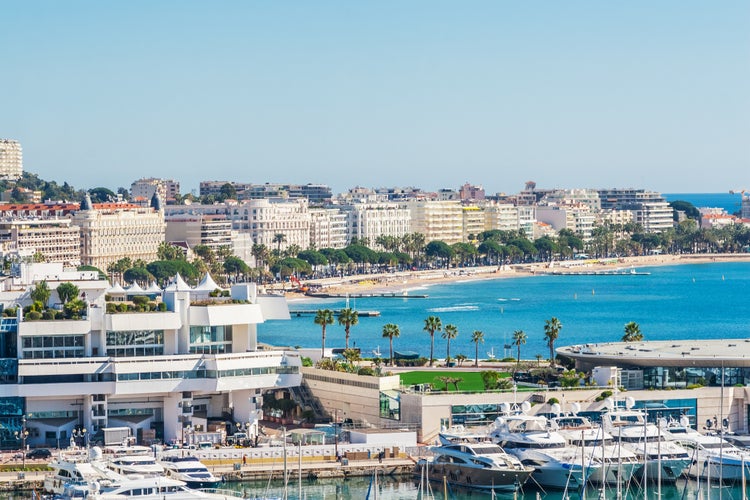 Panoramic view of Cannes, Promenade de la Croisette, the Croisette and Port Le Vieux of Cannes, France Cote d'Azur.