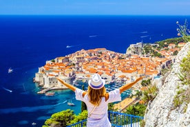 Photo of panoramic aerial view of the old town of Dubrovnik, Croatia seen from Bosanka viewpoint on the shores of the Adriatic Sea in the Mediterranean Sea.