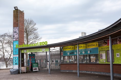 Photo of entrance gate and ticket office of the Korkeasaari Zoo. It is the largest zoo in Finland, located on the island.
