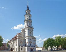 Photo of aerial view of Ukmerge city in Lithuania.