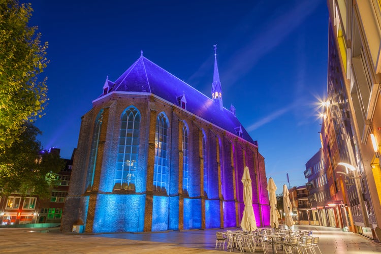 Night shot of ancient brick church in Nijmegen, Netherlands