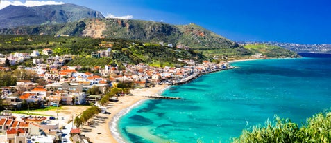 Photo of aerial view of the old Venetian harbor of Rethimno, Crete, Greece.