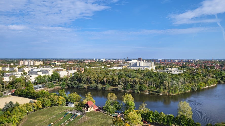 Skyline view of lake in kecskemet Hungary