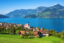 Photo of aerial View of the Settlement Ennetbürgen (Ennetburgen or Ennetbuergen), Buochs and Mountain Buochserhorn ,Canton of Nidwalden, Switzerland.