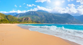 Photo of aerial view of Oludeniz Bay view in Fethiye Town, Turkey.