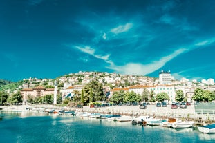 Photo of aerial view to the town of Porec in Istria, Croatia on Adriatic coast.