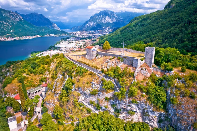 The Castle of the Unnamed (Castello dell’Innominato) above Vercurago, Lecco on Como Lake aerial view, Lombardy region of Italy