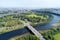 Photo of aerial view of Aberdeen as River Dee flows in a curve to the North Sea showing Duthie Park with bridge and traffic from south.