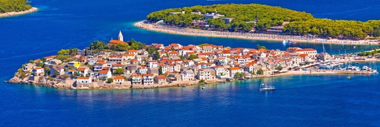 Photo of Rogoznica turquoise bay and Dragon Eye lake aerial view, Dalmatia region of Croatia.