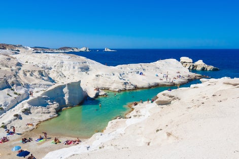 photo of view of Sarakiniko beach, Milos island, Cyclades, Greece.